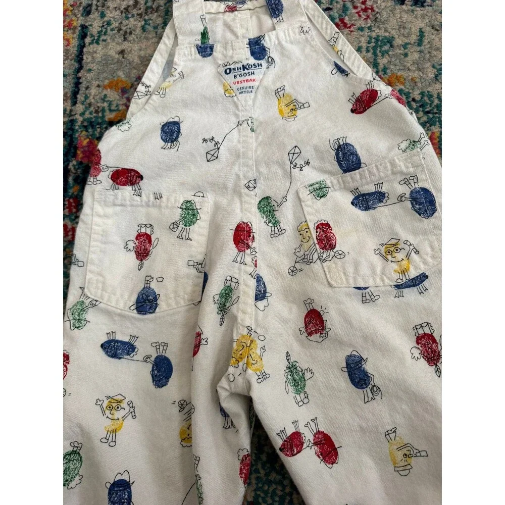 Vintage OshKosh B'Gosh Vestbak Overalls Funny Fingerprint All Over Print Sz 2T